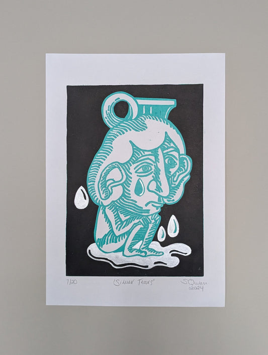 Silver Tears Lino Print by Sarah Quinn