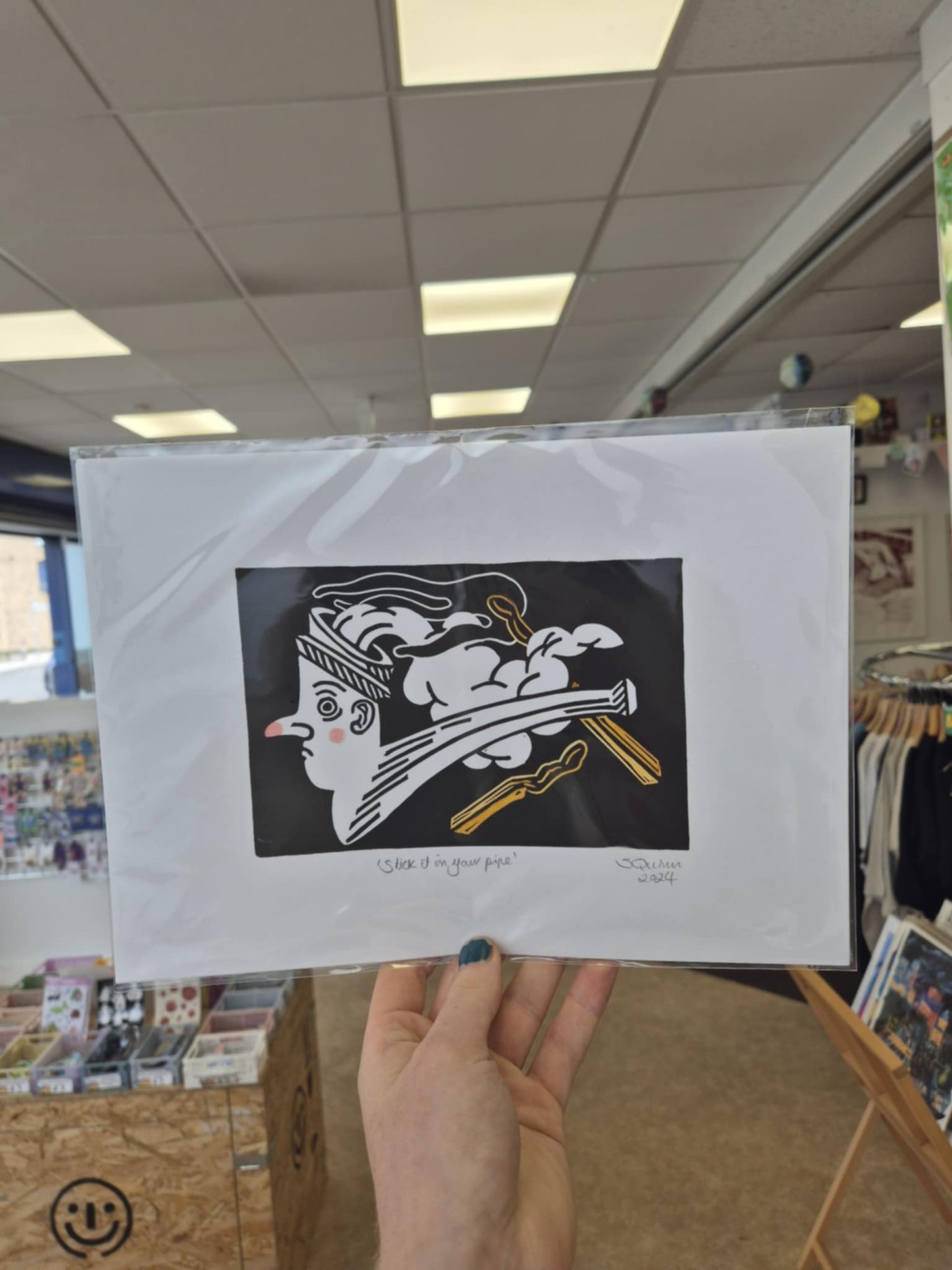 Stick it in your Pipe A4 Lino print by Sarah Quinn