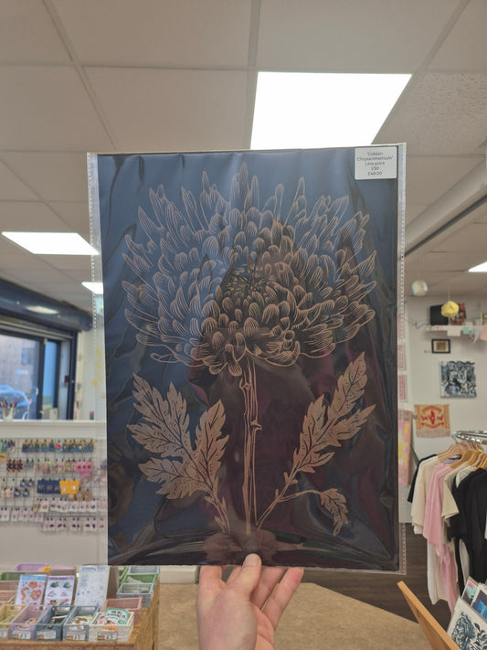 Golden Chrysanthemum Lino Print by Jamie Richards