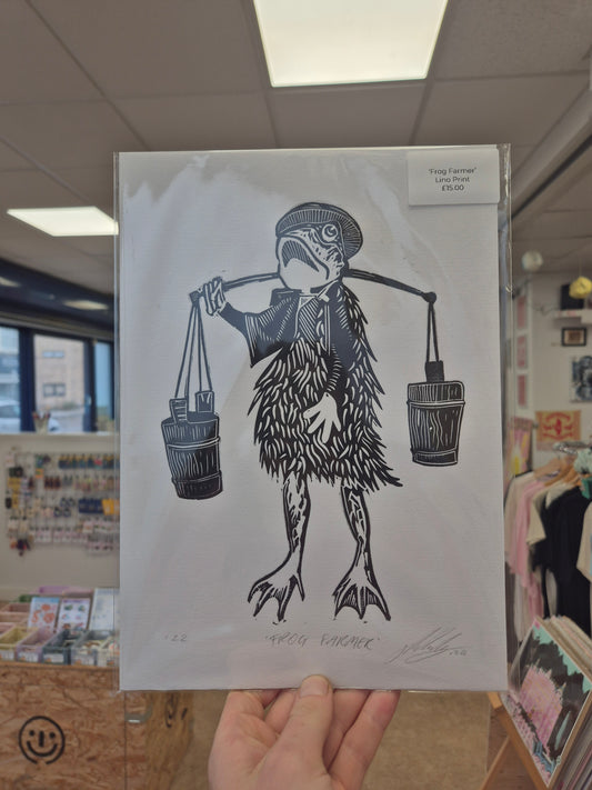 Frog Farmer Lino Print by Jamie Richards